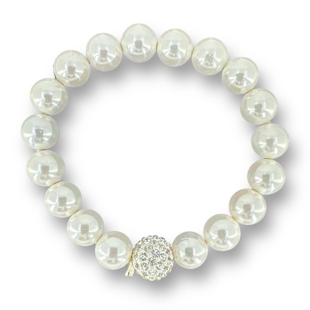 White Round Glass Pearl Accented with Round Ball Rhinestone Stretchy Bracelet